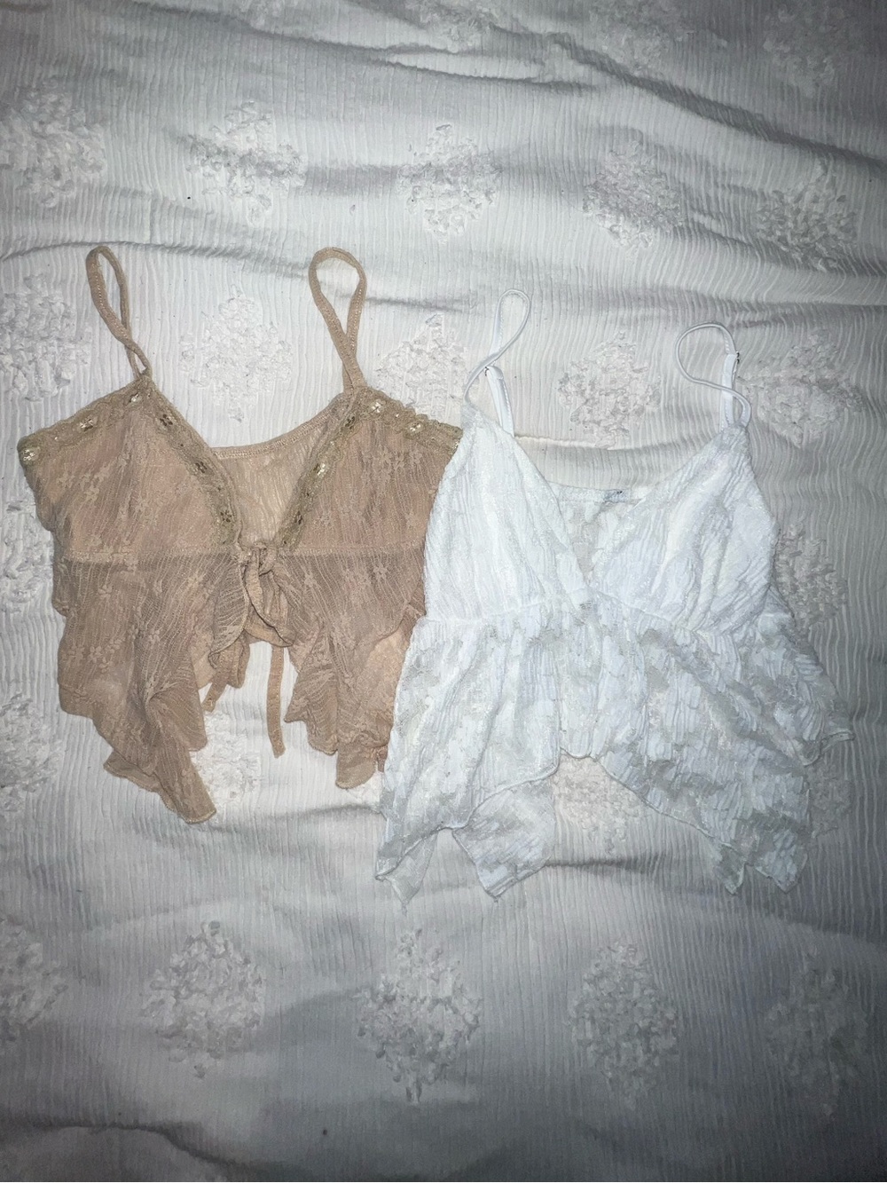 SHEIN Beige and White Ruffle Tie-Front Spaghetti Strap Tops - Picture 2 of 2